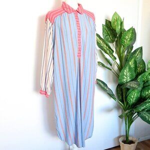 Anthropologie Pink Blue Color Block Striped Long Sleeve Midi Maxi Shirt Dress S